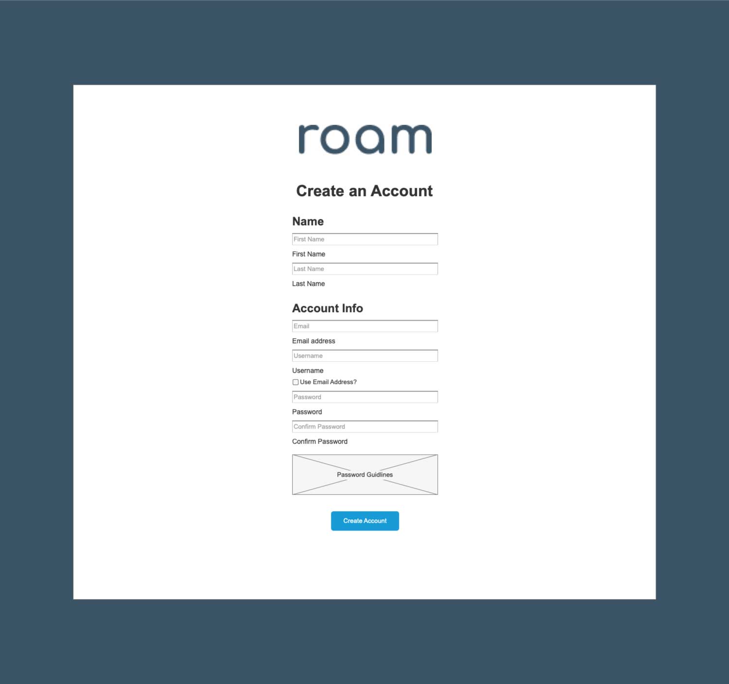 Wireframe for the first page of the account creation process in Roam