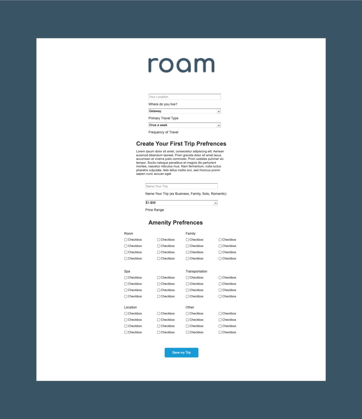 Wireframe for the second page of the account creation process in Roam