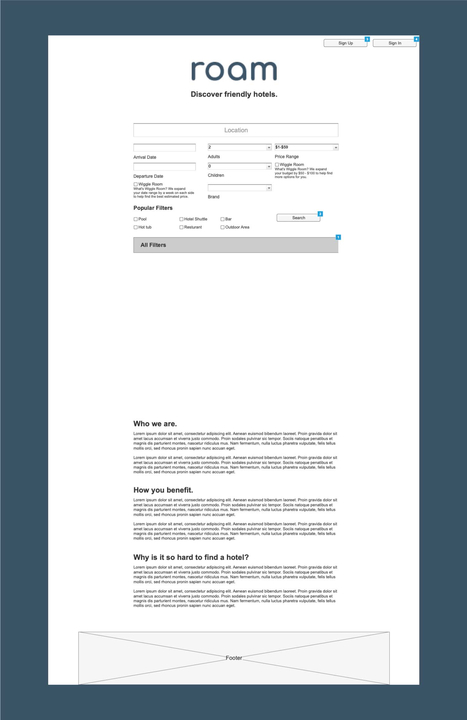 Wireframe for the home page of Roam consisting of the search interface and ammenity filter